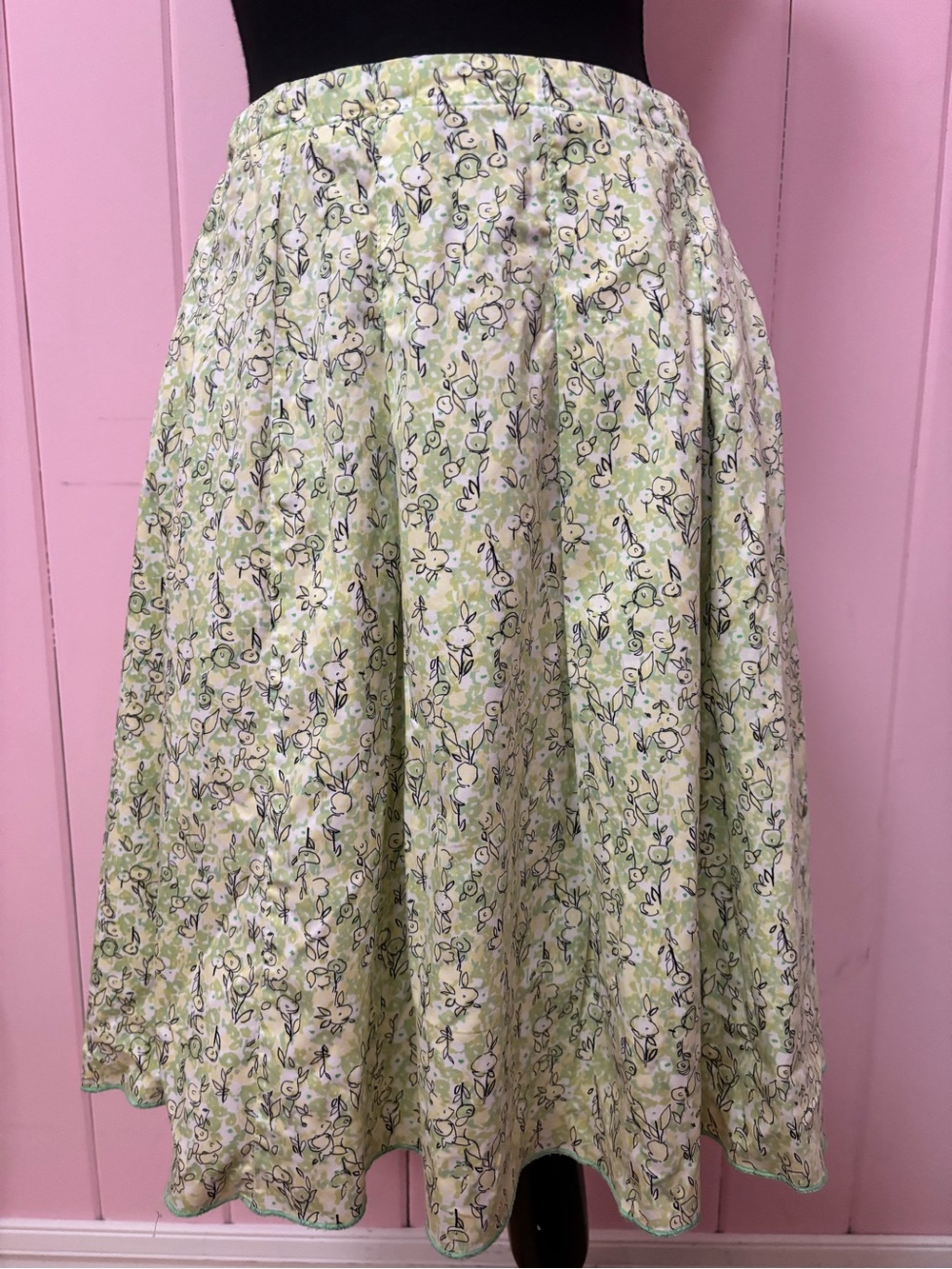Vintage Y2K Lime Green & White Floral Fairycore Boho A-Line Cotton Skirt Size 4